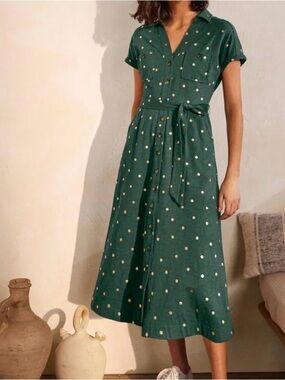 Boden Thomasina 100% Cotton Polka Dot Jersey Midi Shirt Dress 6P